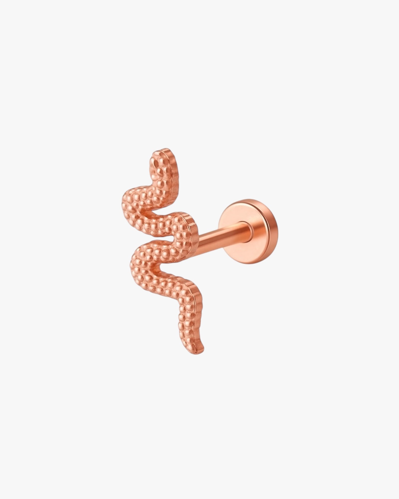 Rose gold snake-shaped earring on a white background