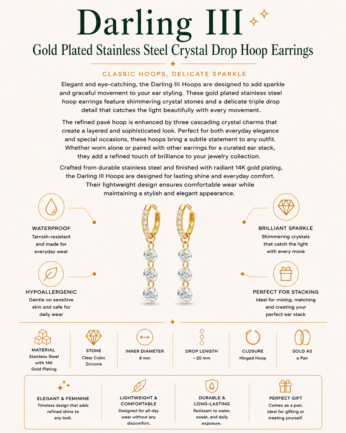 Gold Plated Stainless Steel Crystal Drop Hoop Earrings – Darling III