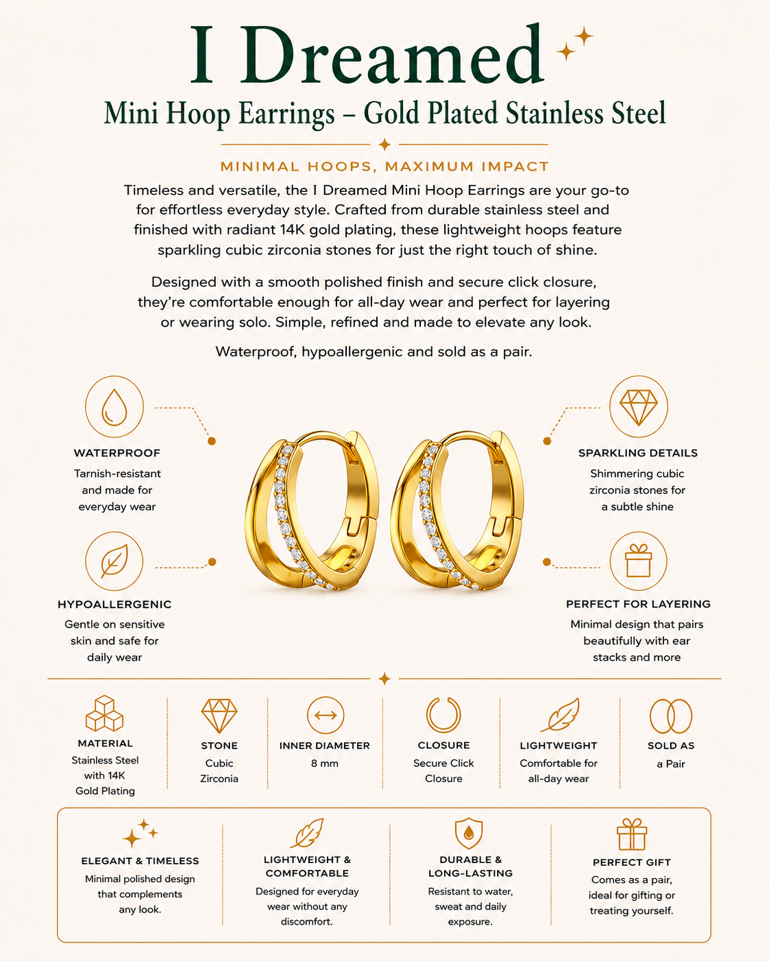 I Dreamed Mini Hoop Earrings – Gold Plated Stainless Steel CZ Hoops