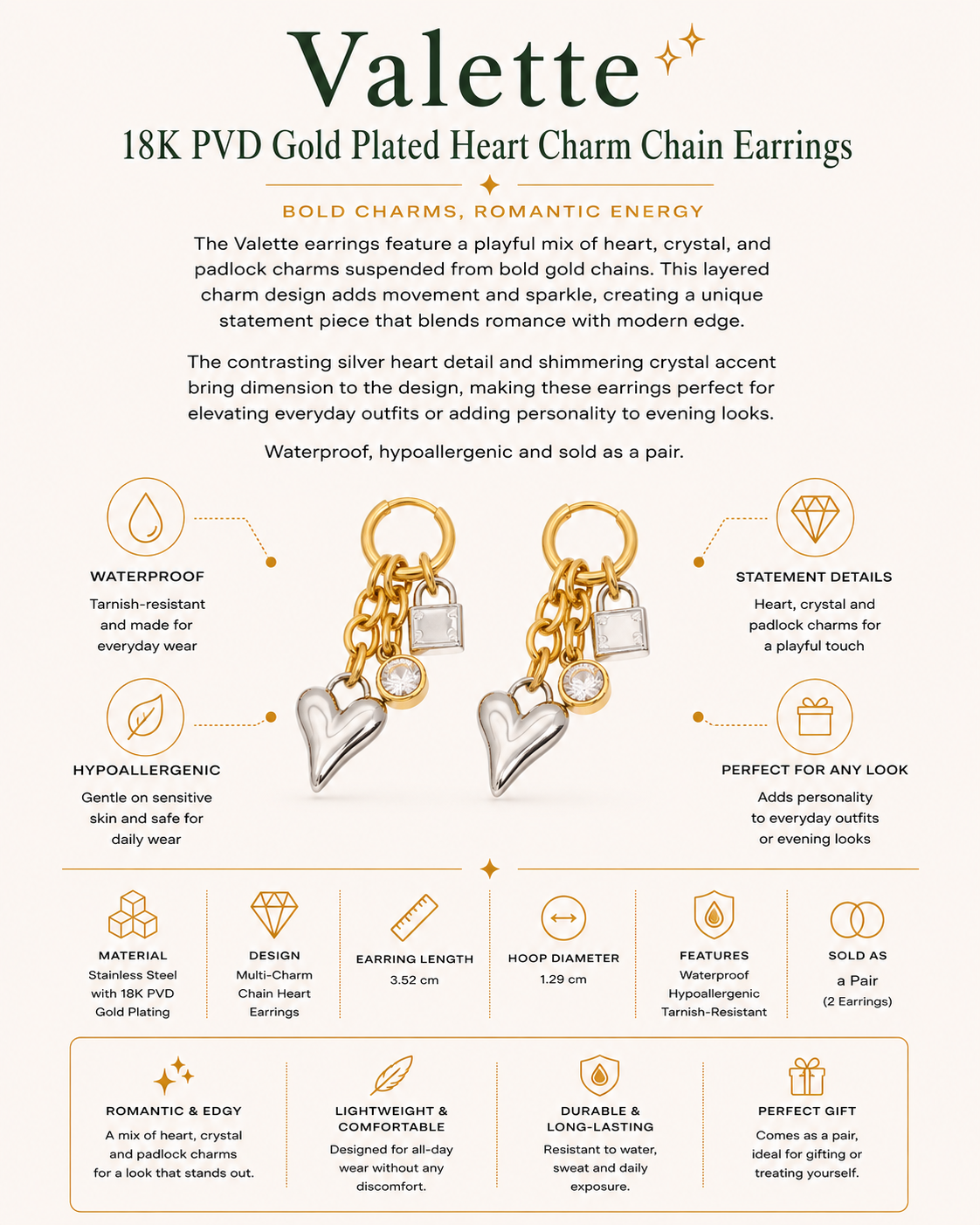 18K PVD Gold Plated Heart Charm Chain Earrings – Valette