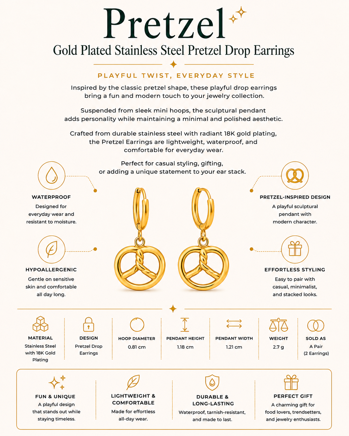 Gold Plated Stainless Steel Pretzel Drop Earrings