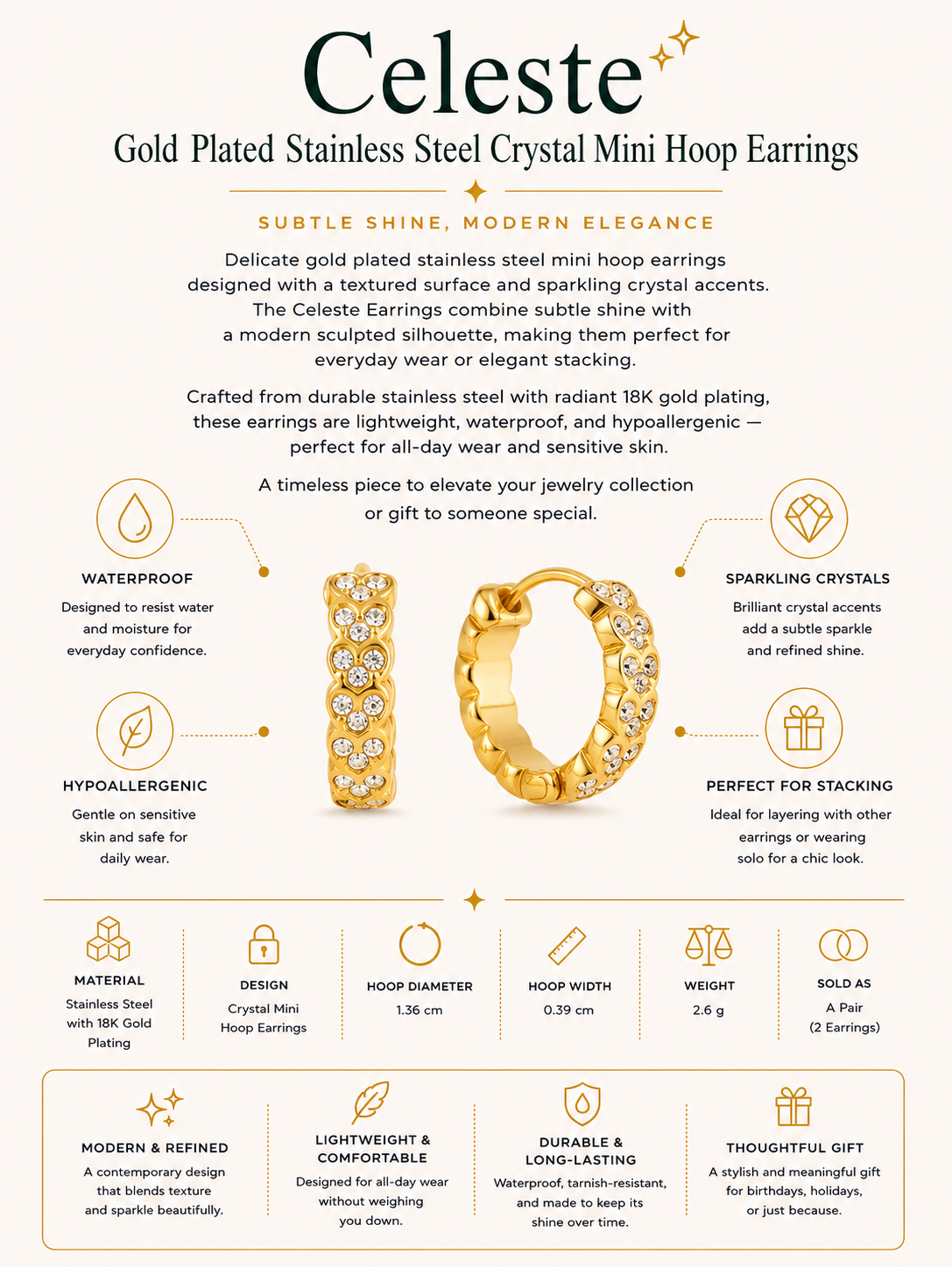 Gold Plated Stainless Steel Crystal Mini Hoop Earrings – Celeste