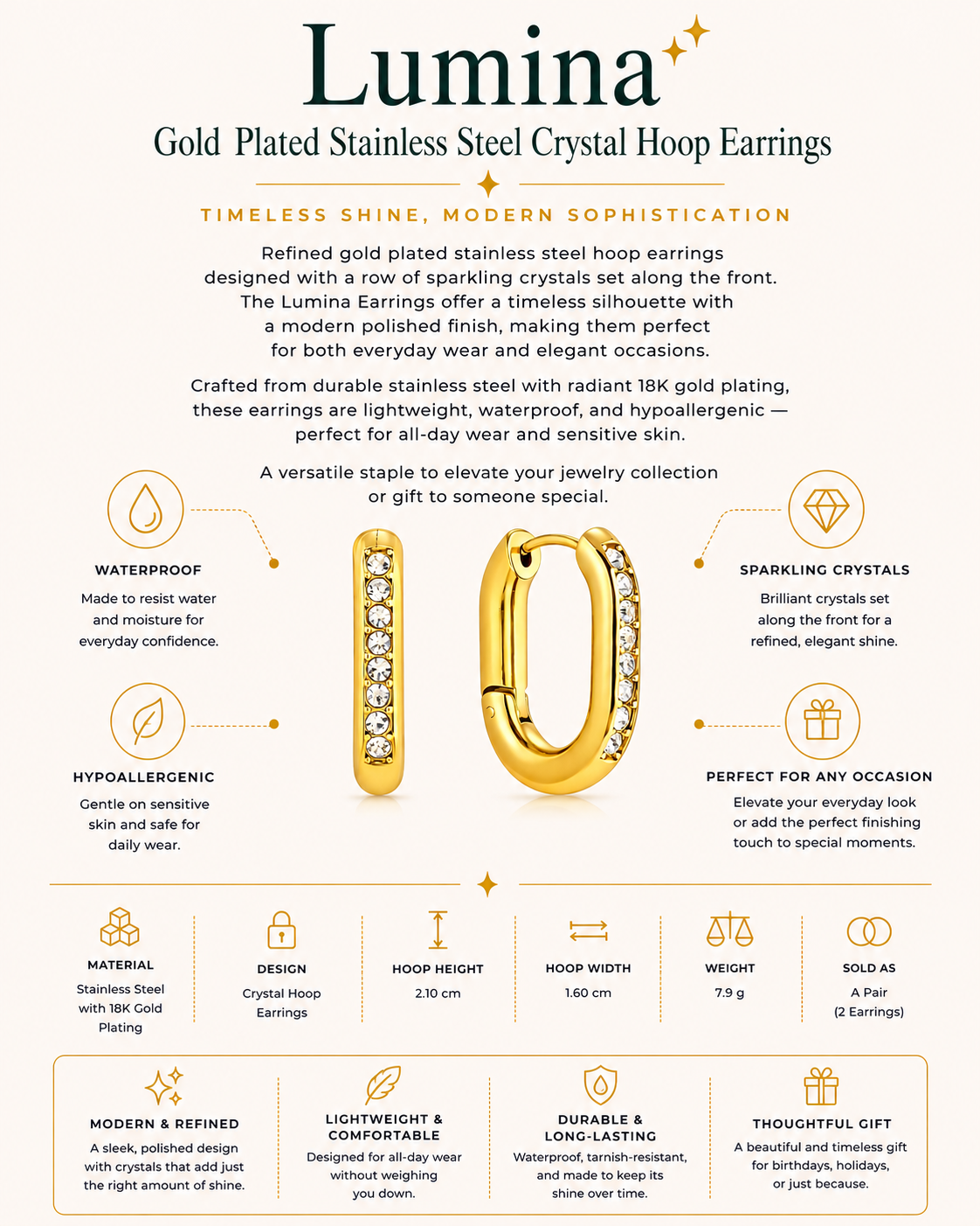 Gold Plated Stainless Steel Crystal Hoop Earrings – Lumina