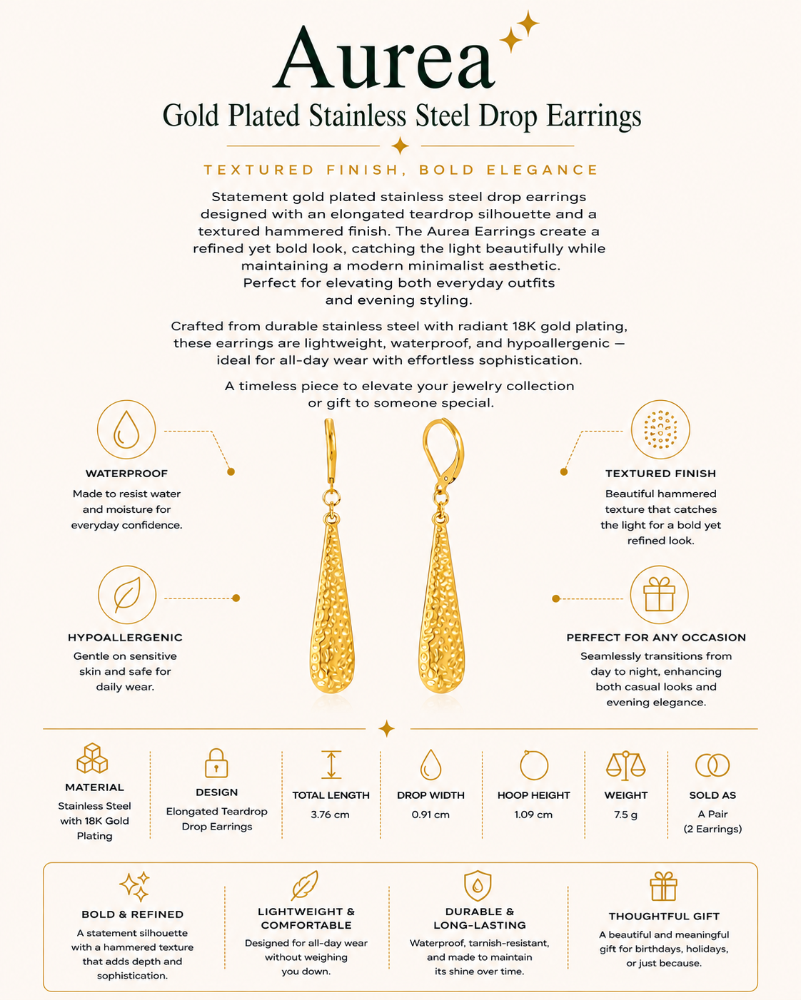 Gold Plated Stainless Steel Drop Earrings – Aurea