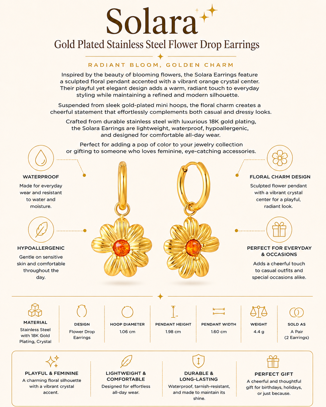 Gold Plated Stainless Steel Flower Drop Earrings – Solara
