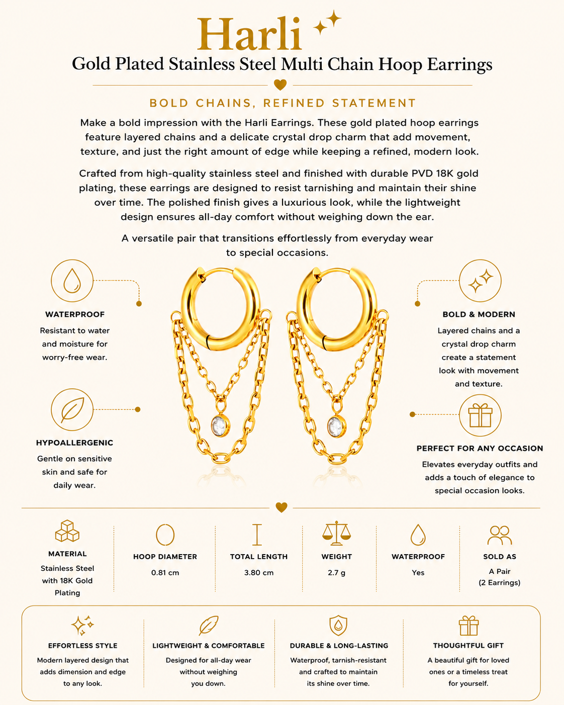 Gold Plated Stainless Steel Multi Chain Hoop Earrings – Harli