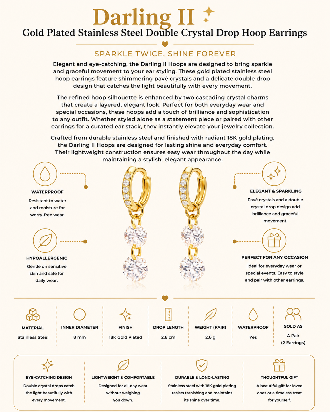 Gold Plated Stainless Steel Double Crystal Drop Hoop Earrings – Darling II