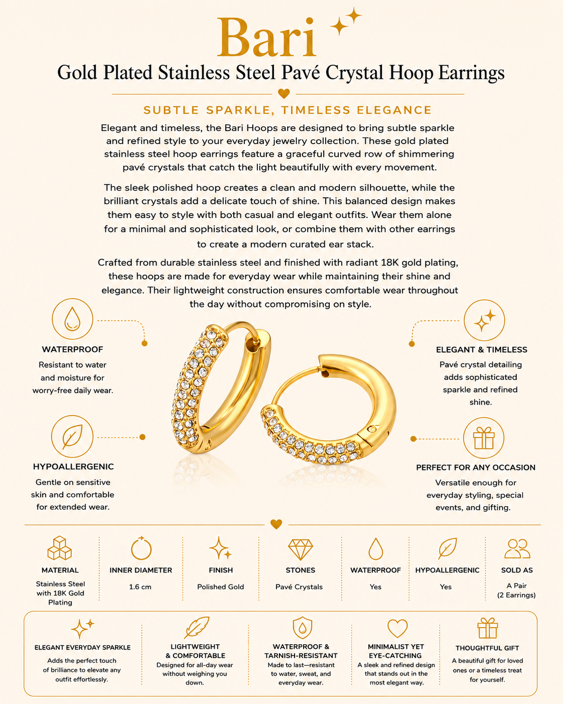 Gold Plated Stainless Steel Pavé Crystal Hoop Earrings – Bari
