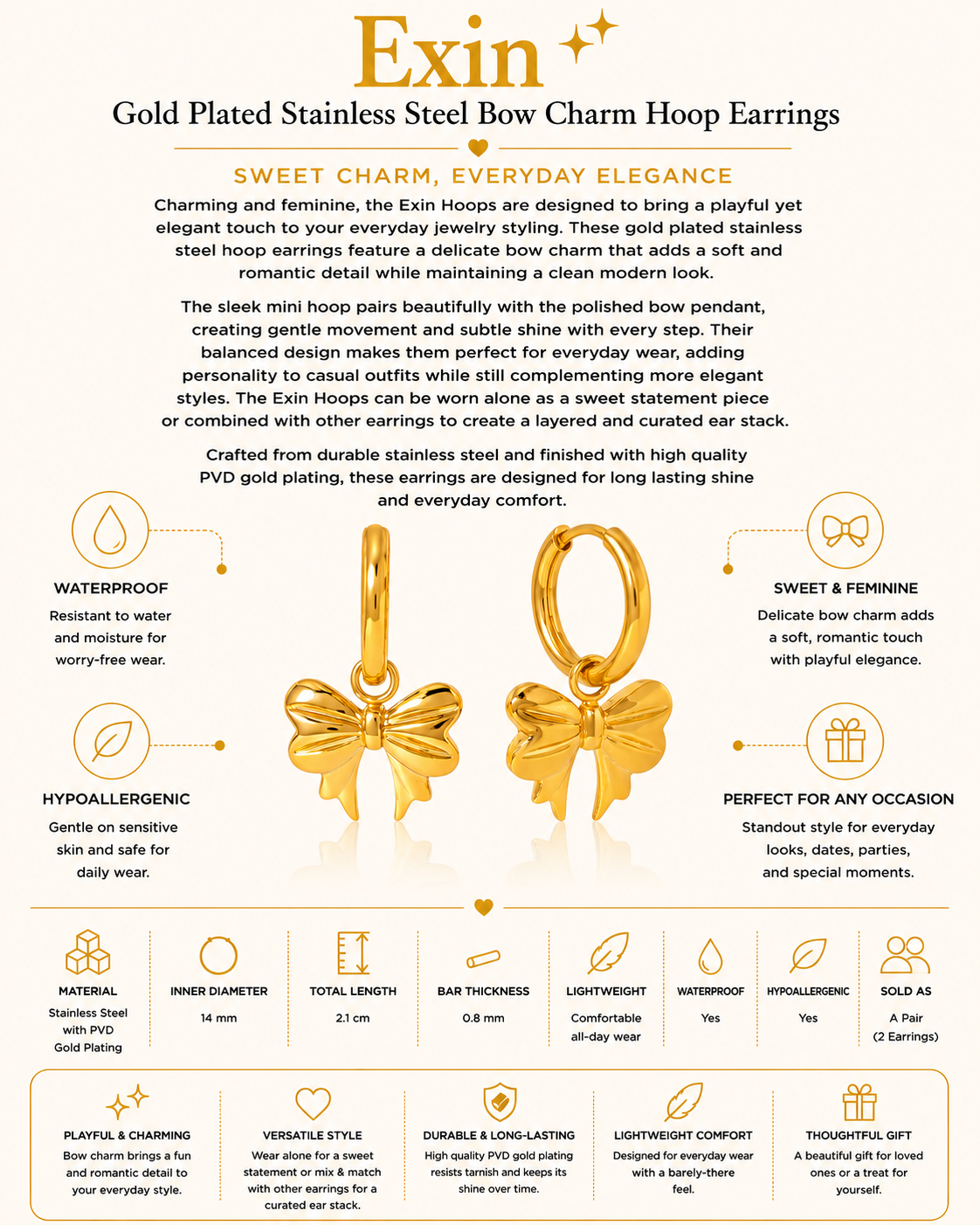 Gold Plated Stainless Steel Bow Charm Hoop Earrings – Exin