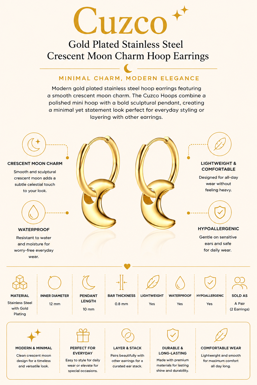Gold Plated Stainless Steel Crescent Moon Charm Hoop Earrings – Cuzco