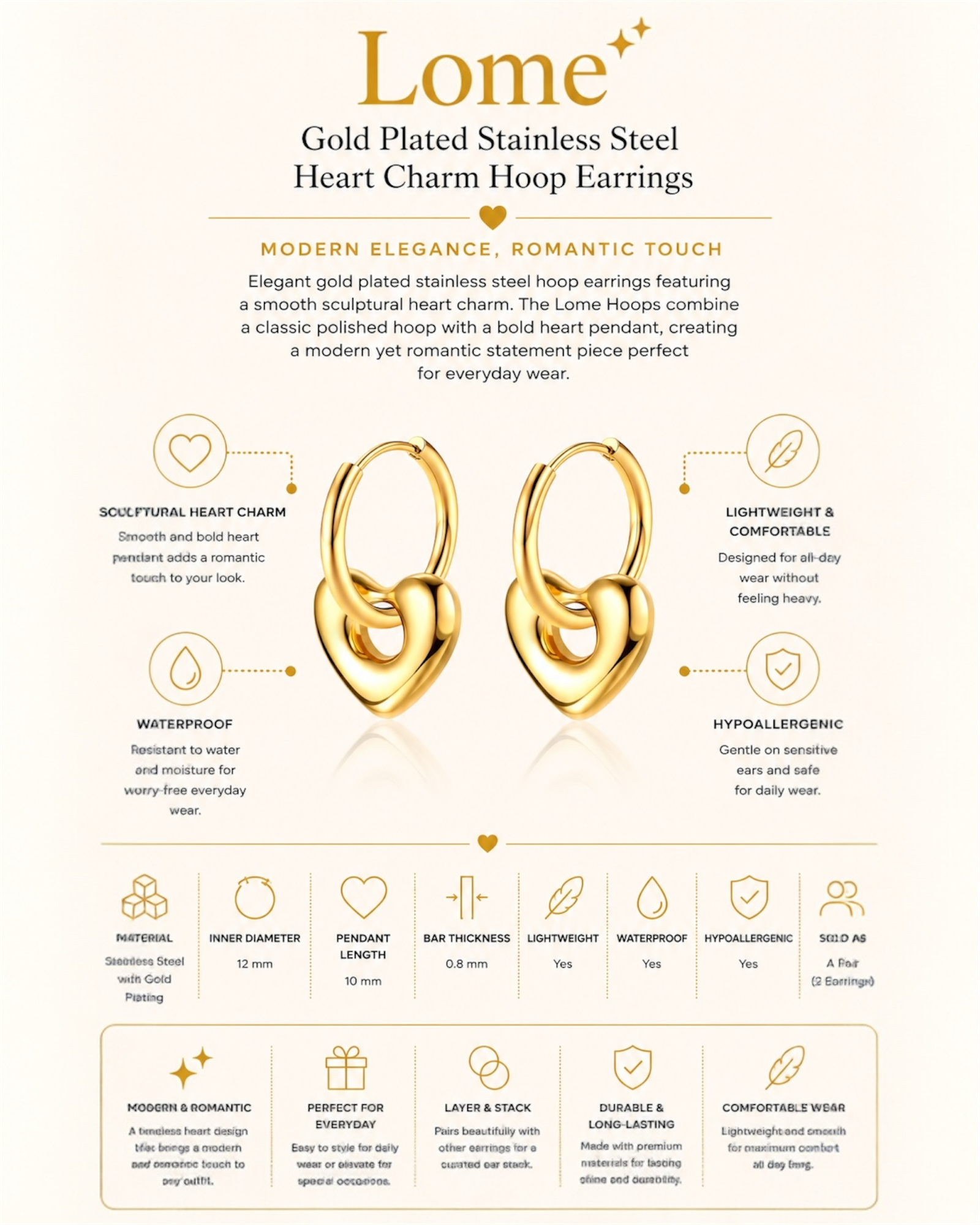 Gold Plated Stainless Steel Heart Charm Hoop Earrings – Lome