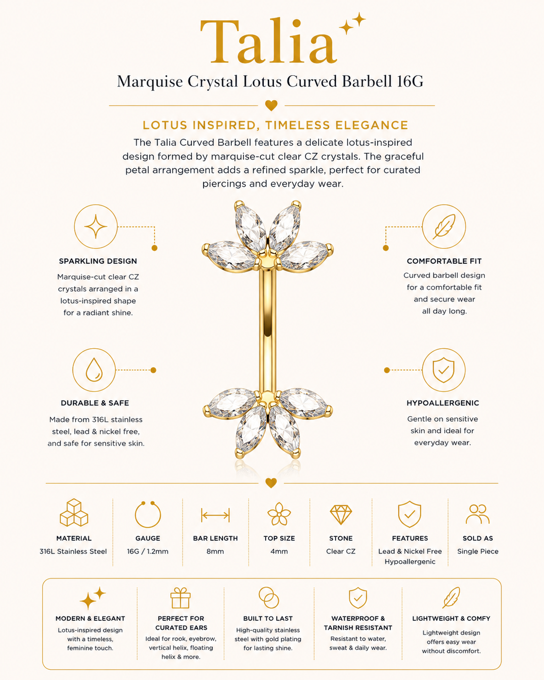 Marquise Crystal Lotus Titanium Curved Barbell 16G – Talia