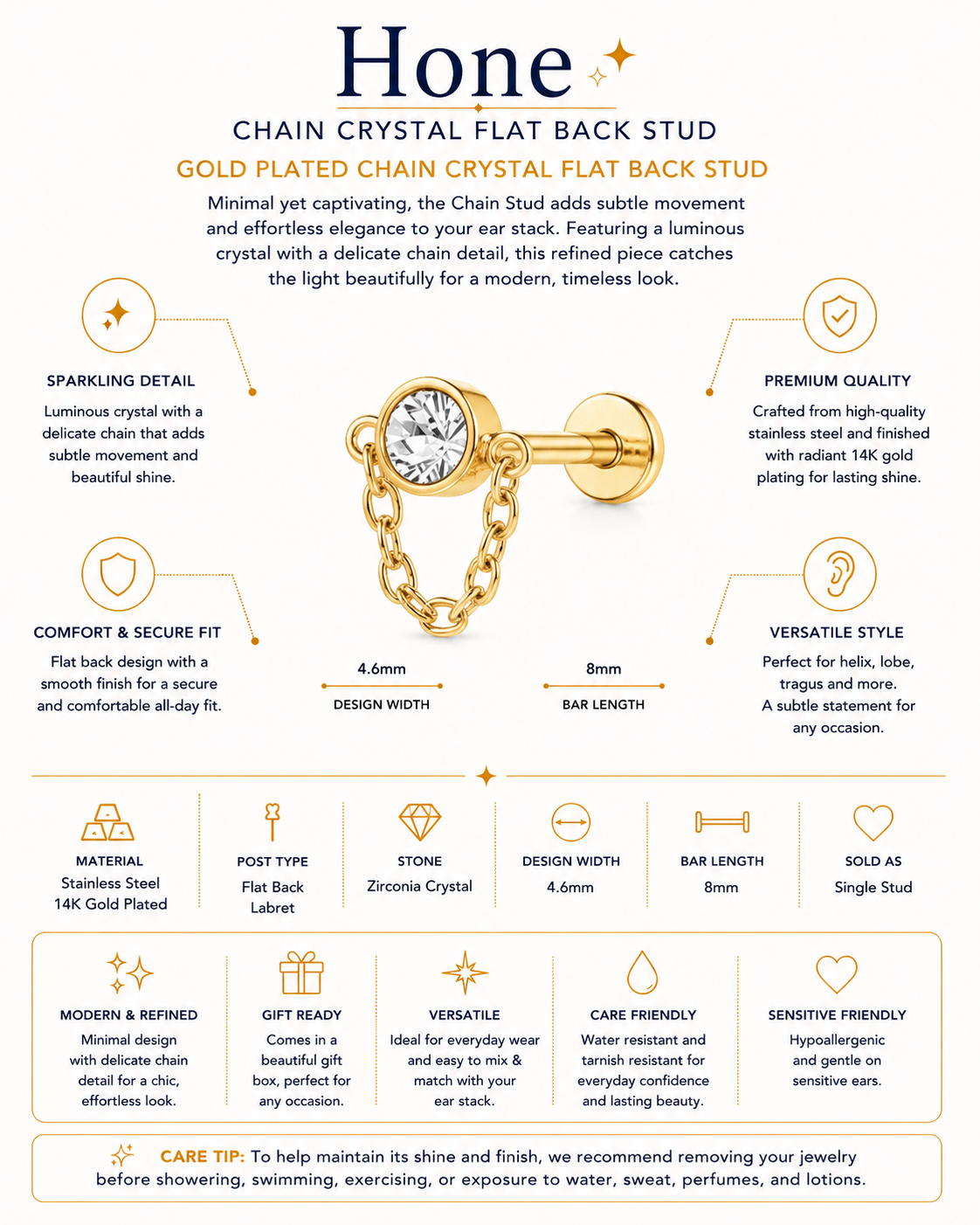 Hone Stud – Chain Crystal Flat Back Stud