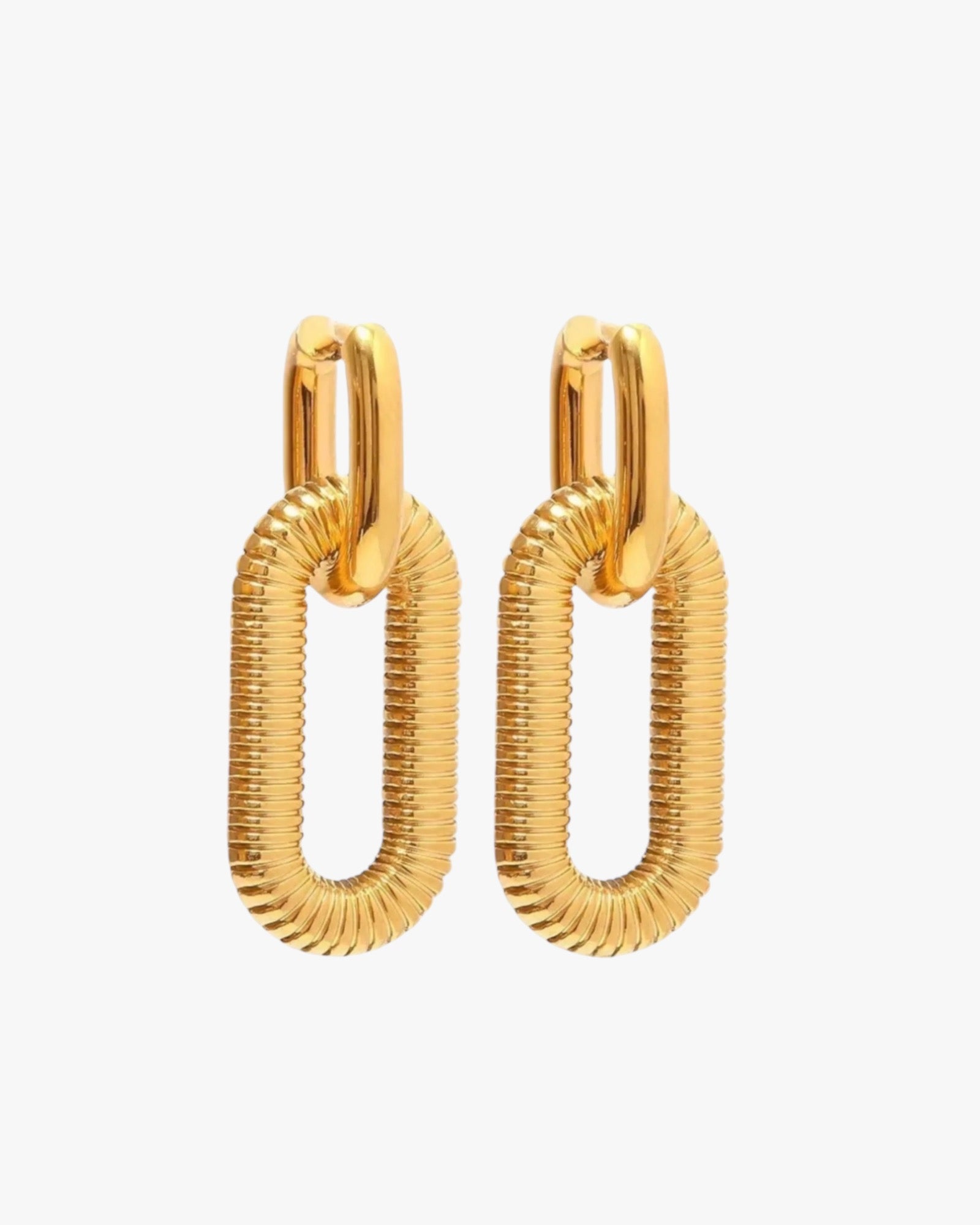 A pair of gold-colored stainless steel hoop earrings with a textured surface.