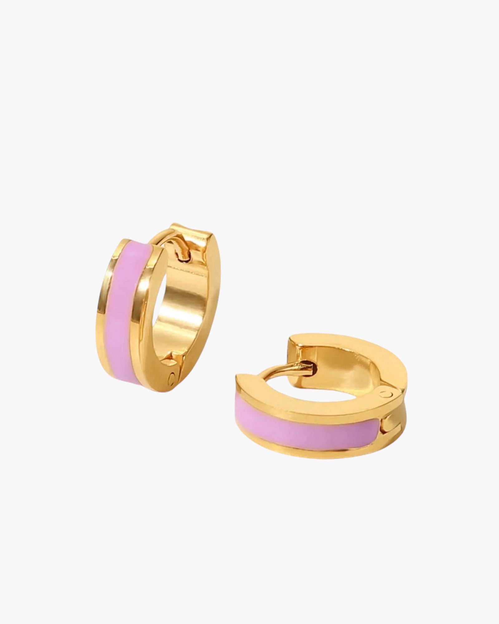 A pair of gold-plated stainless steel flamingo hoop earrings with a pink and gold finish.