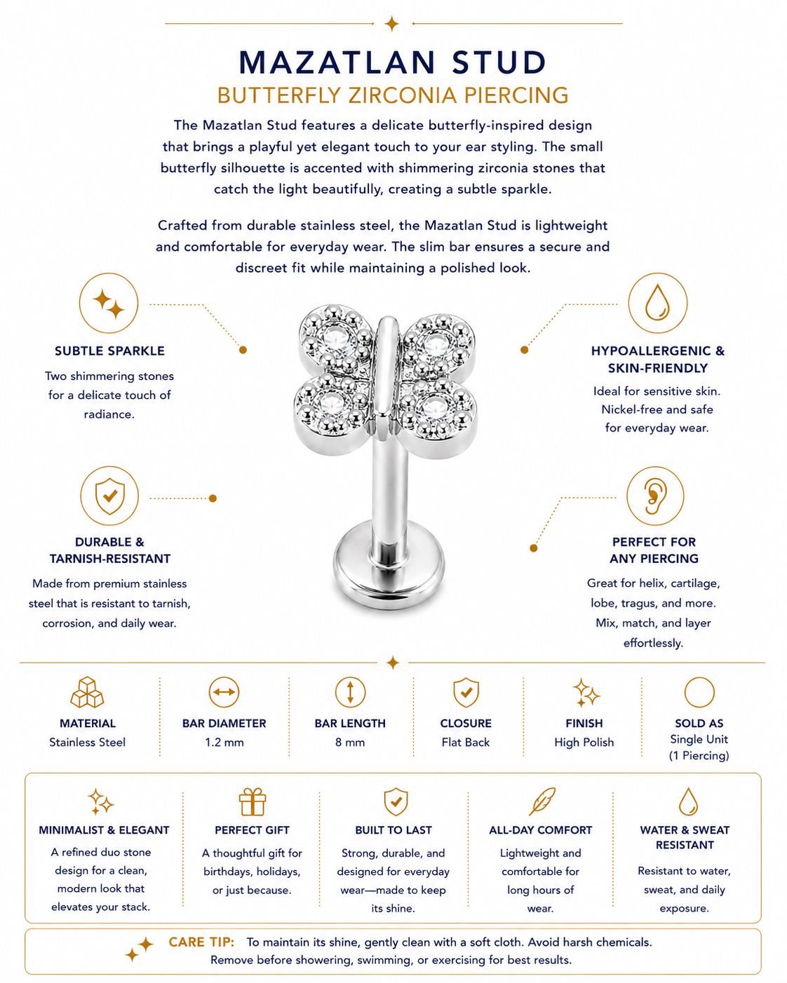 Mazatlan Stud – Butterfly Zirconia Piercing
