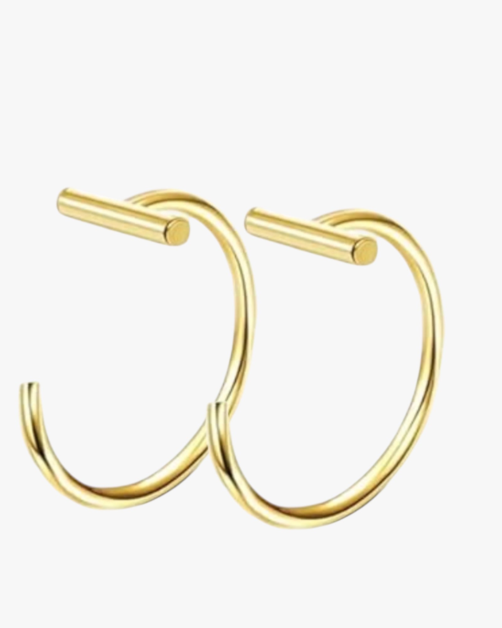 A pair of gold-colored stainless steel hoop earrings with a sleek finish.