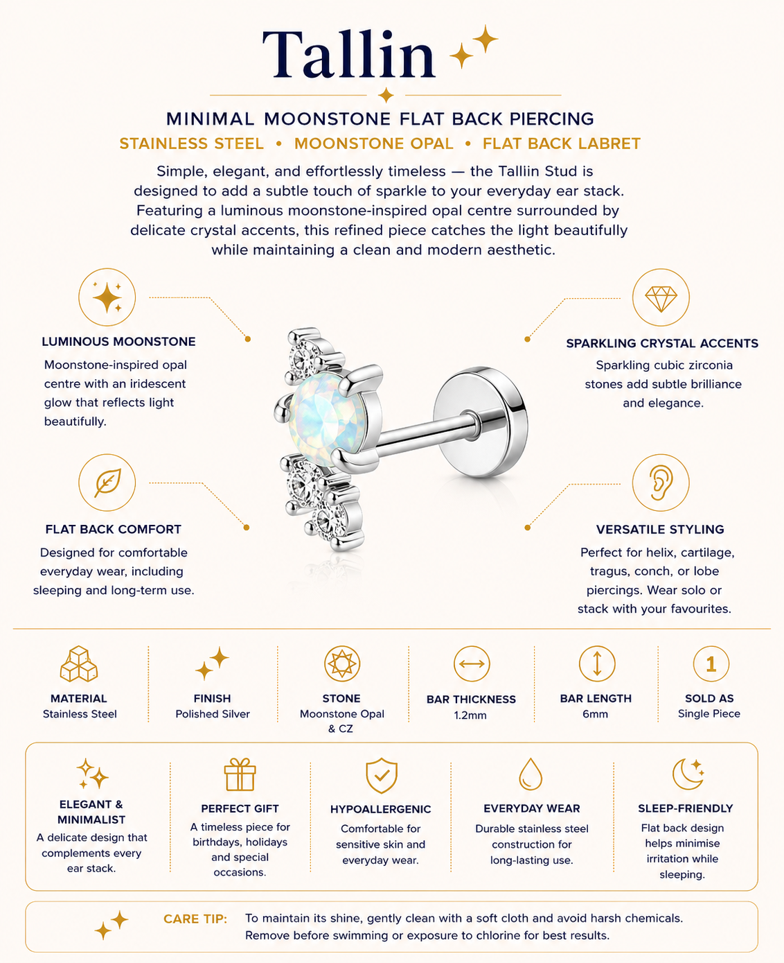 Tallin Stud – Minimal Moonstone Flat Back Piercing