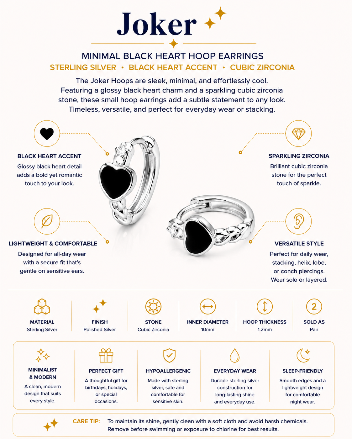 Gold Plated Copper Black Heart Zirconia Mini Hoop Earrings – Joker