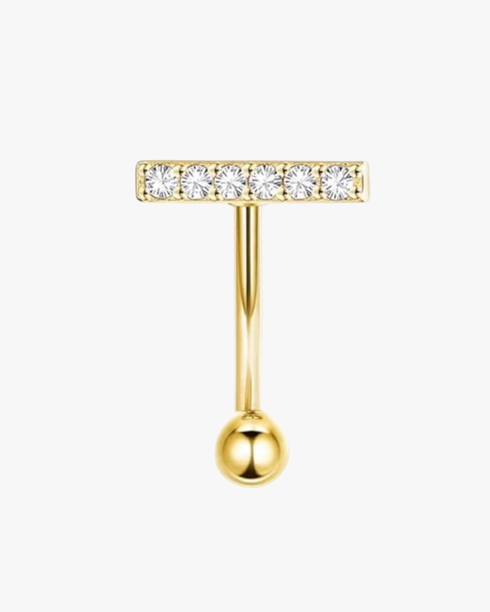 A gold-colored curved barbell with a row of diamonds set on the bar.