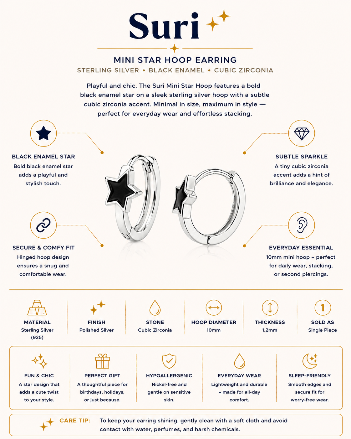 Gold Plated Copper Black Star Zirconia Mini Hoop Earrings – Suri