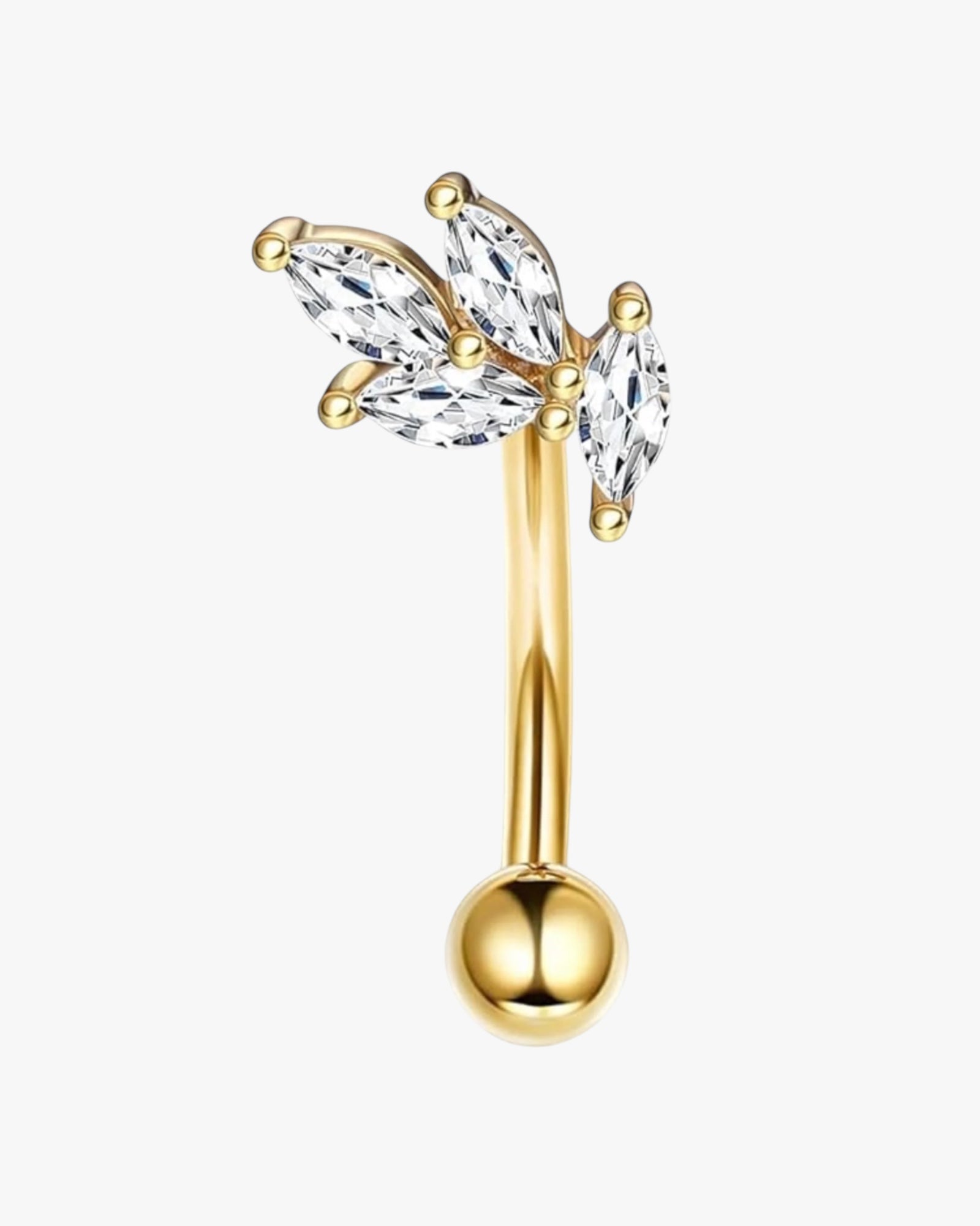 A gold-colored curved barbell with a crystal-encrusted hoop and a solid gold-colored bar.