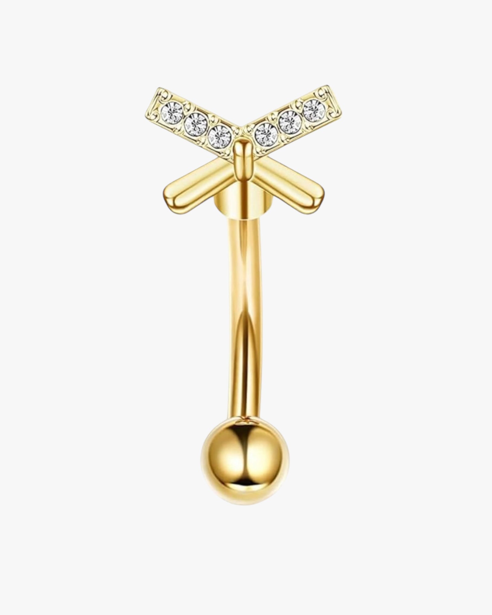A gold-colored curved barbell with a V-shaped design and a small dangling diamond ornament attached to the top.