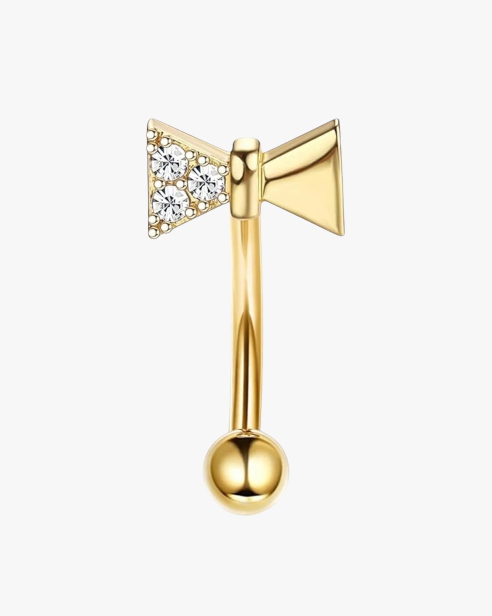 A gold-colored curved barbell with a V-shaped design and a small diamond in the center.