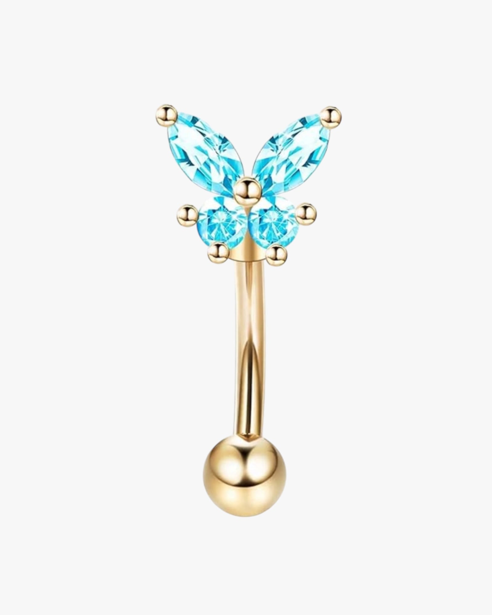 A gold-colored curved barbell with a blue butterfly-shaped design on top.