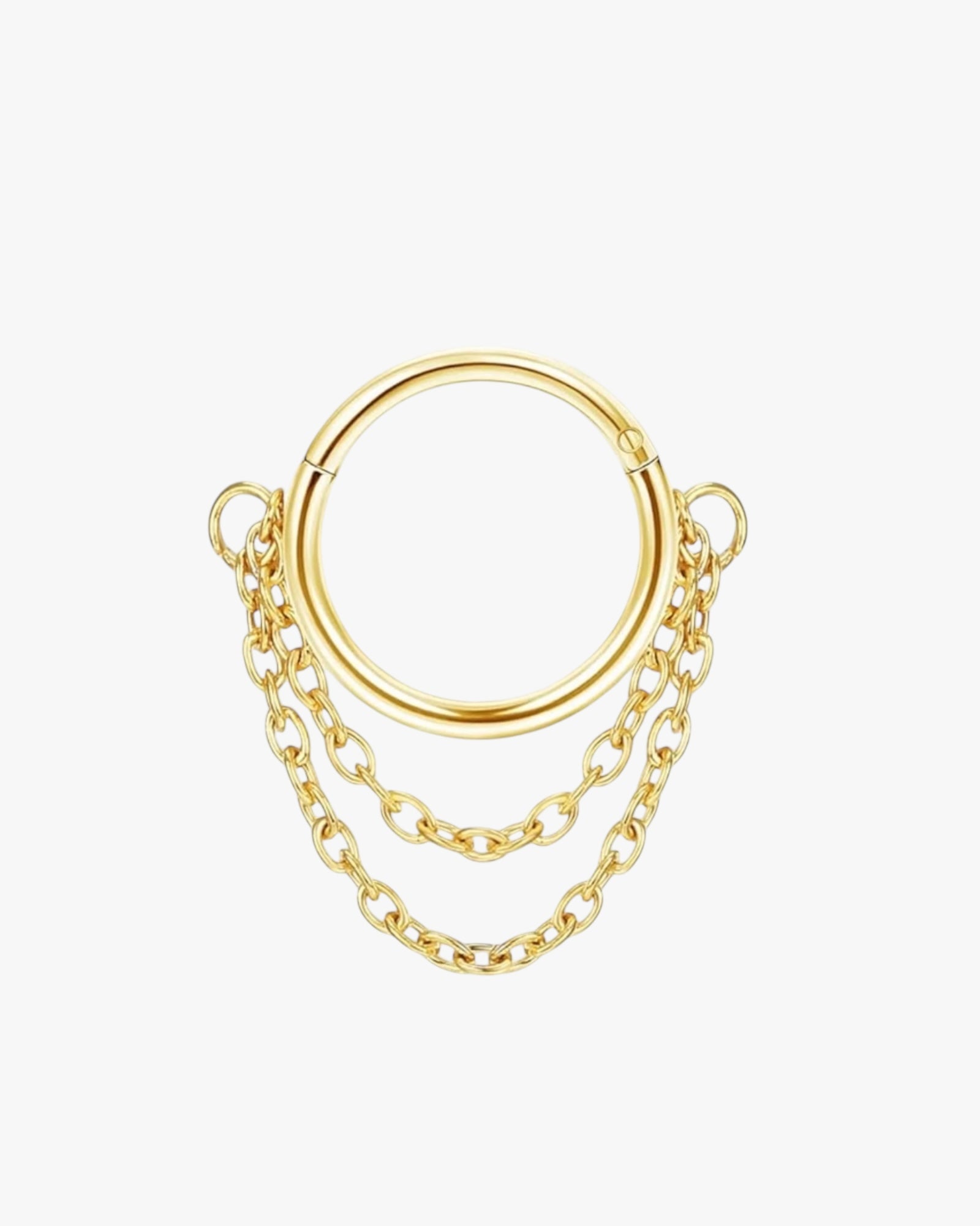 A gold-colored clicker hoop earring with a chain design, against a white background.