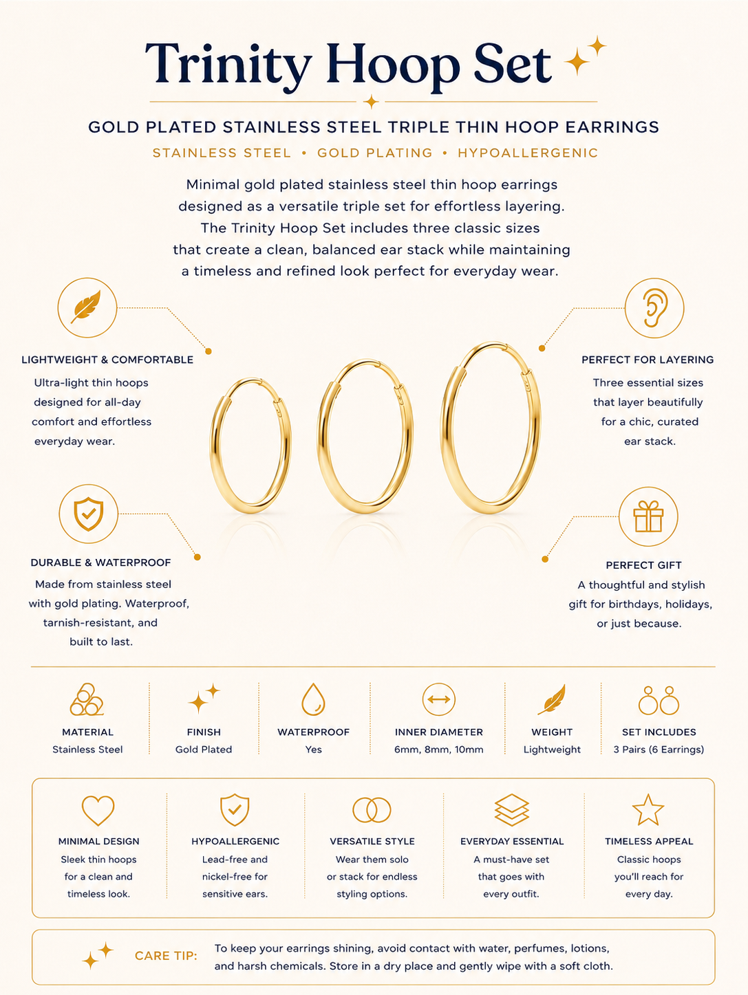 Gold Plated Stainless Steel Triple Thin Hoop Earrings Set – Trinity