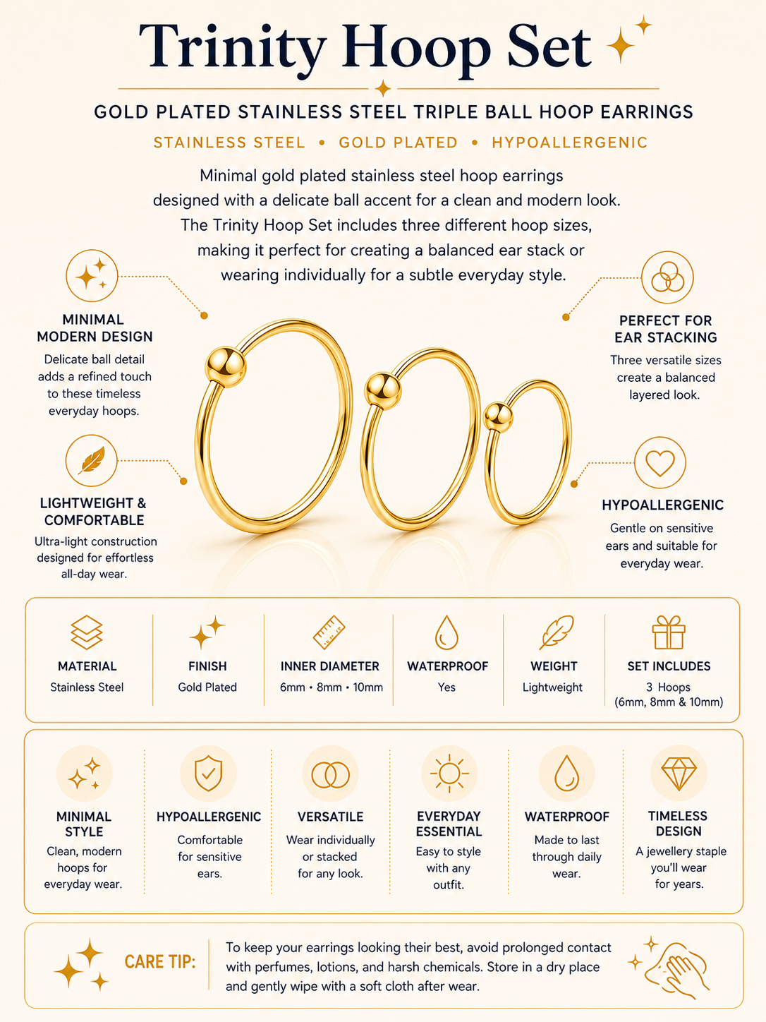 Gold Plated Stainless Steel Triple Ball Hoop Earring Set