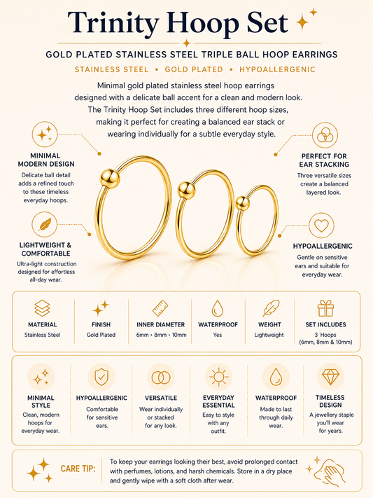 Gold Plated Stainless Steel Triple Ball Hoop Earring Set