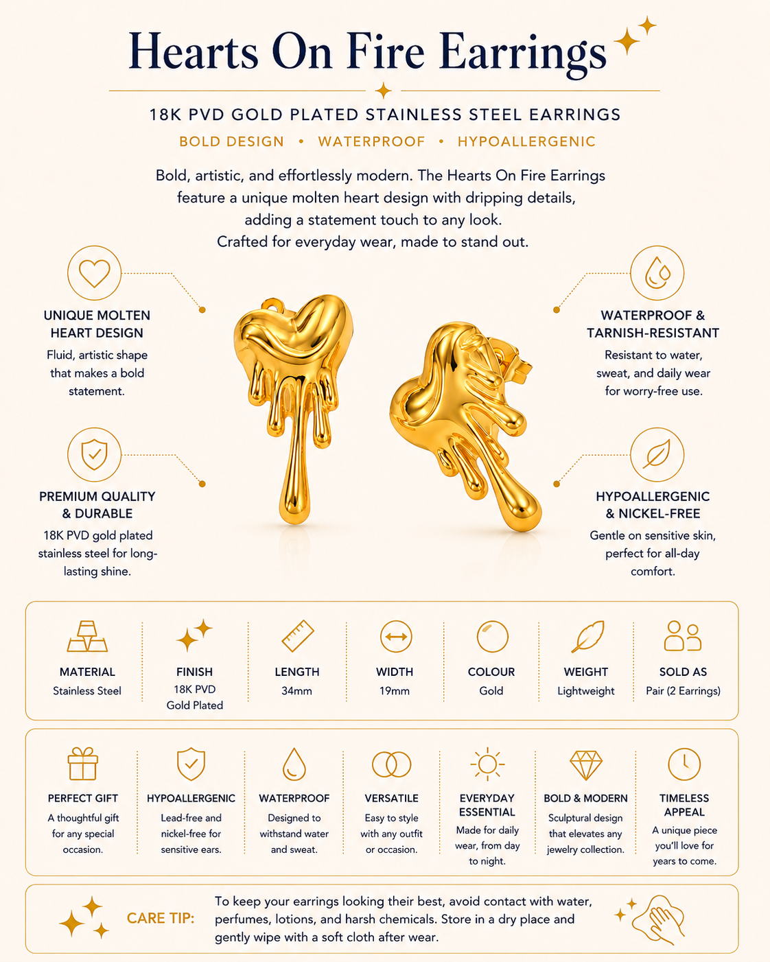 18K PVD Gold Plated Hearts On Fire Earrings