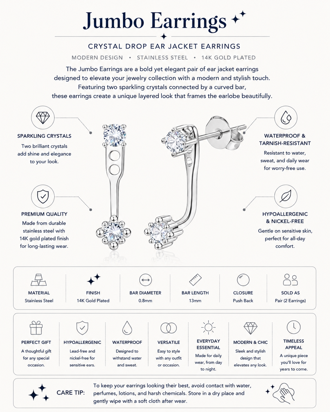 Jumbo Earrings – Crystal Drop Ear Jacket Earrings
