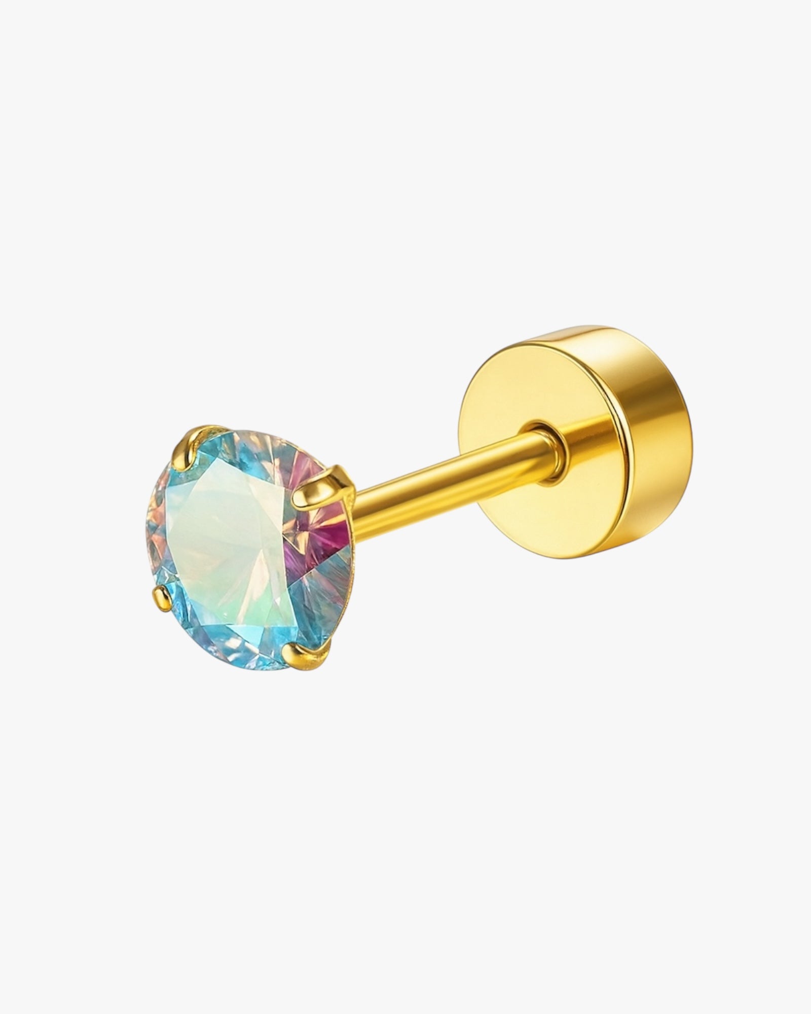 Gold stud earring with a colorful gemstone on a white background