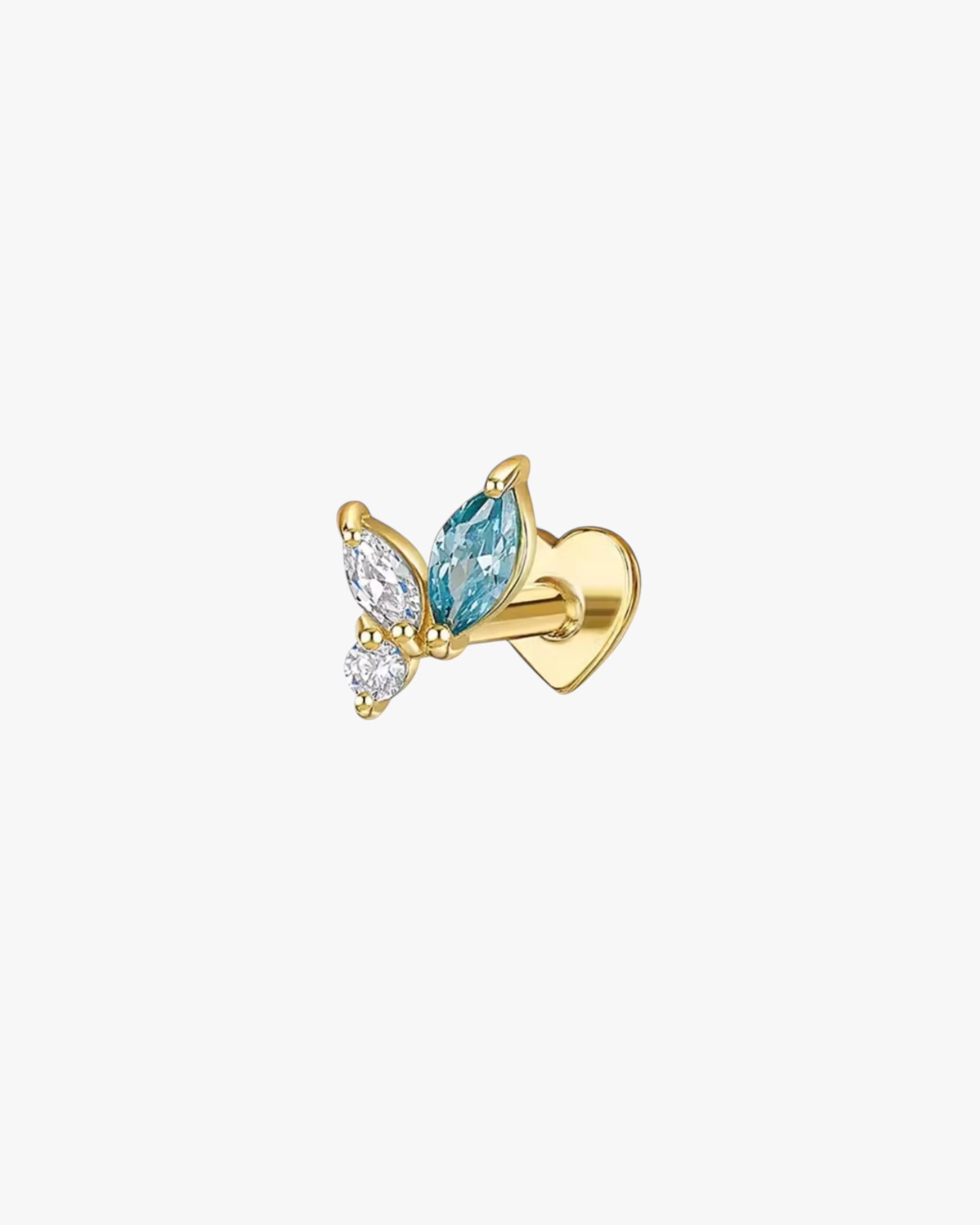 A sterling silver and gold plated double-headed stud earring with a butterfly design and small embellishments.