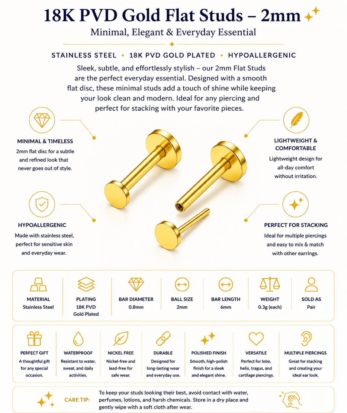 Gold Plated Flat Studs – 2mm Minimal Piercing