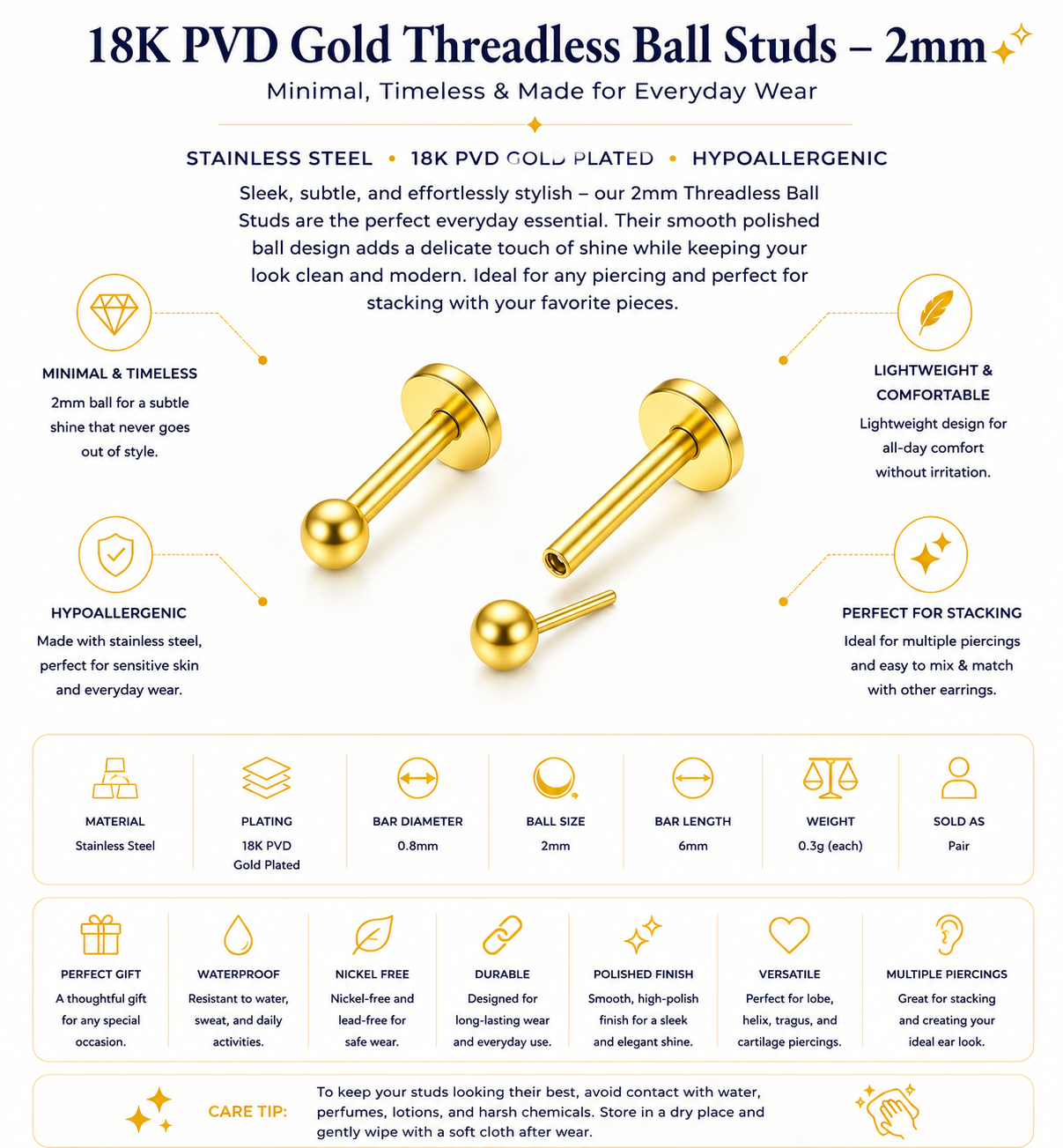 Threadless Ball Studs – 2mm Minimal Piercing Earrings
