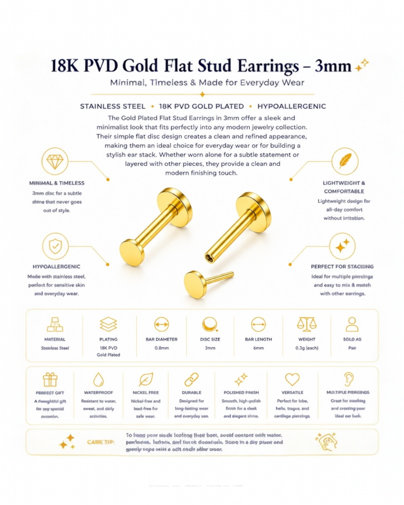 Gold Plated Flat Stud Earrings – 3mm Minimal Disc Piercing