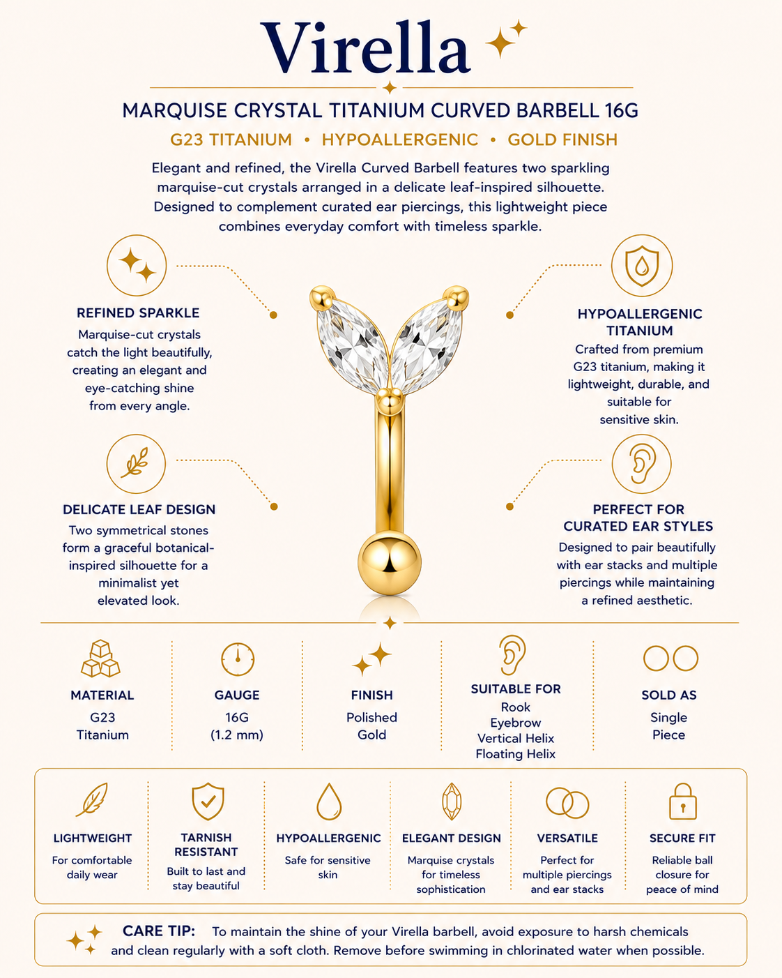 Gold Marquise Crystal Titanium Curved Barbell 16G – Virella