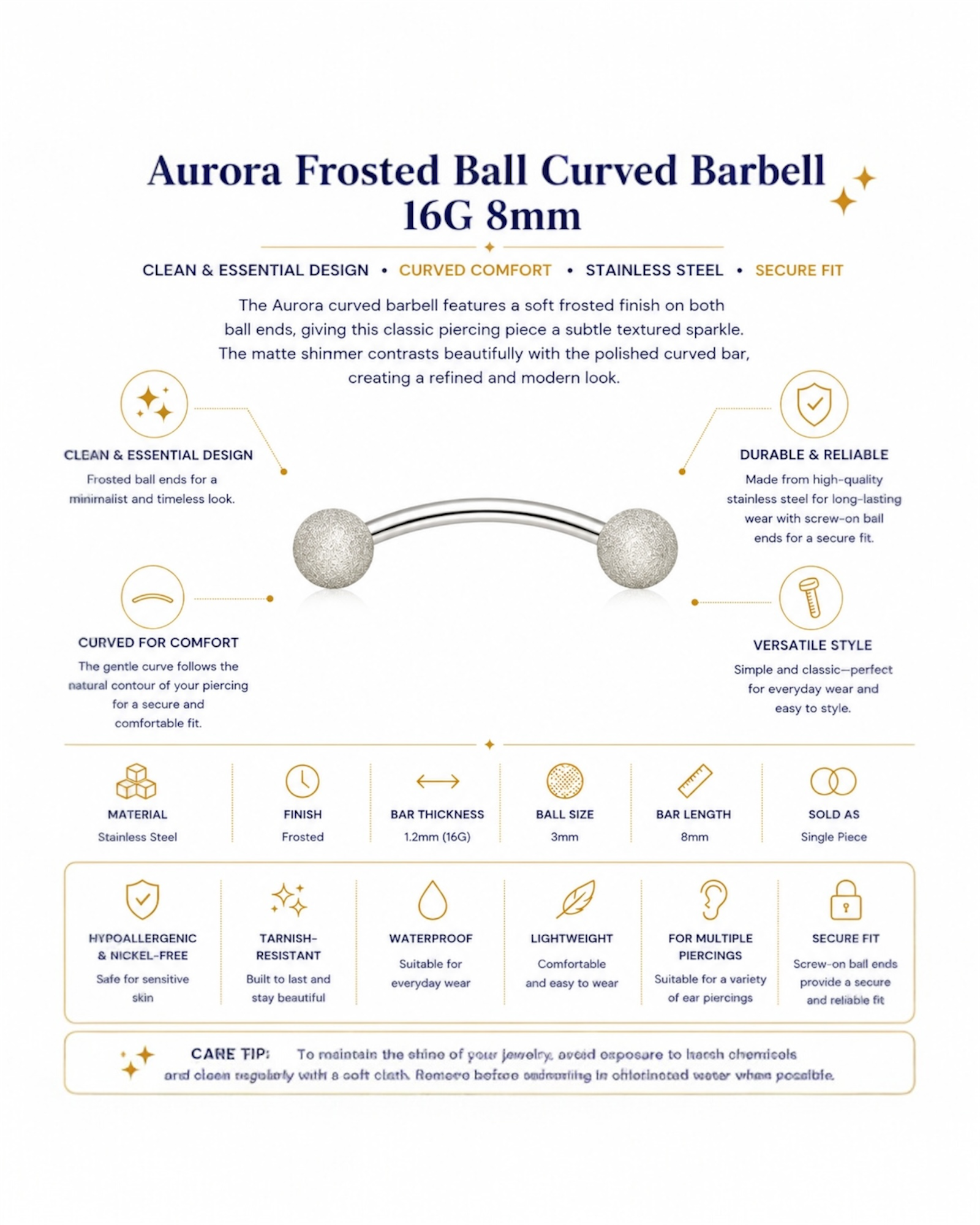 Aurora Frosted Ball Curved Barbell 16G 8mm
