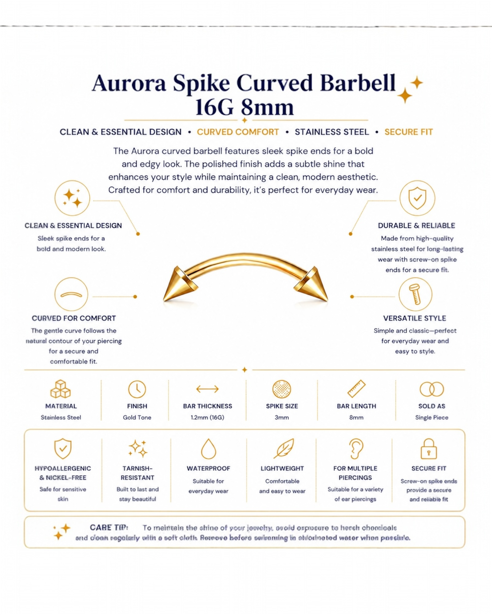 Vortex Spike Curved Barbell 16G 8mm