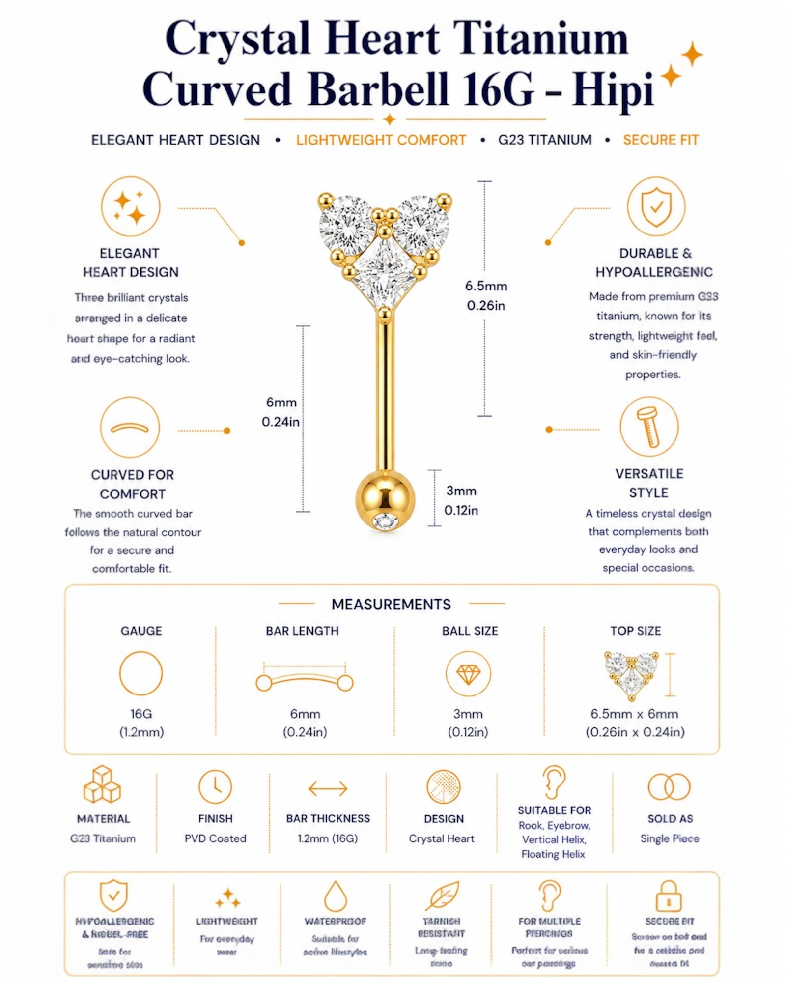Crystal Heart Titanium Curved Barbell 16G – Hipi