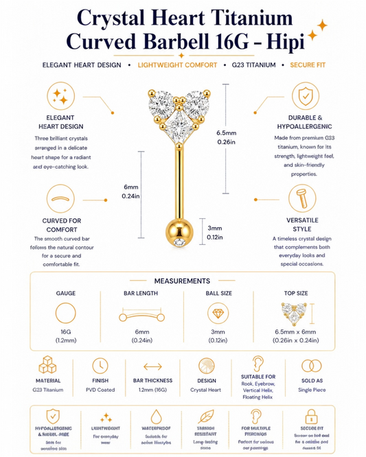 Crystal Heart Titanium Curved Barbell 16G – Hipi