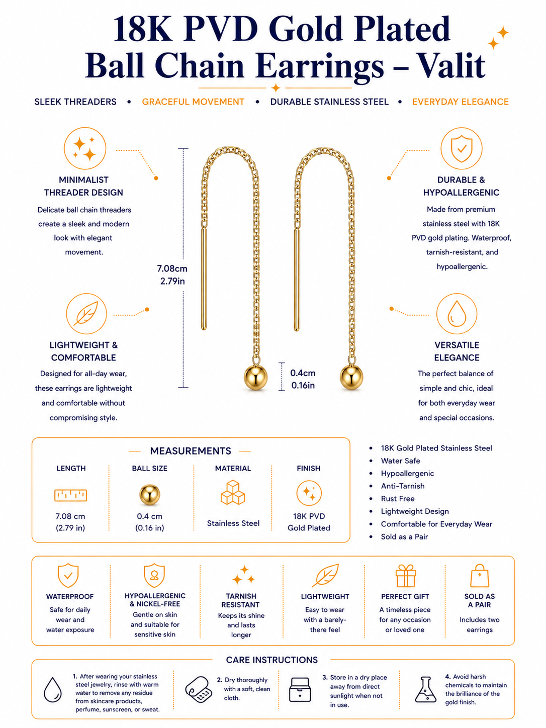 18K PVD Gold Plated Ball Chain Earrings – Valit