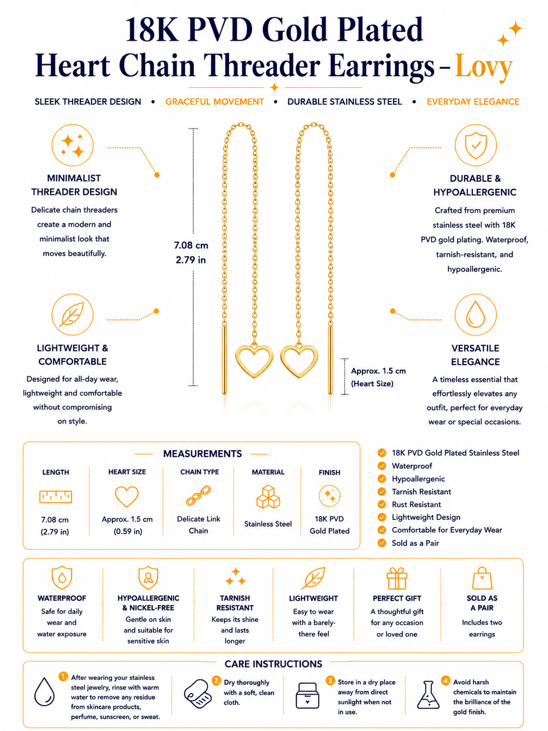18K PVD Gold Plated Heart Chain Earrings – Lovy
