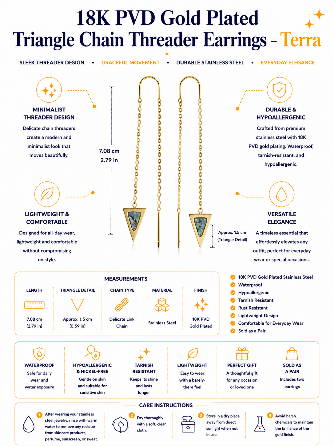 18K PVD Gold Plated Triangle Chain Earrings – Mini