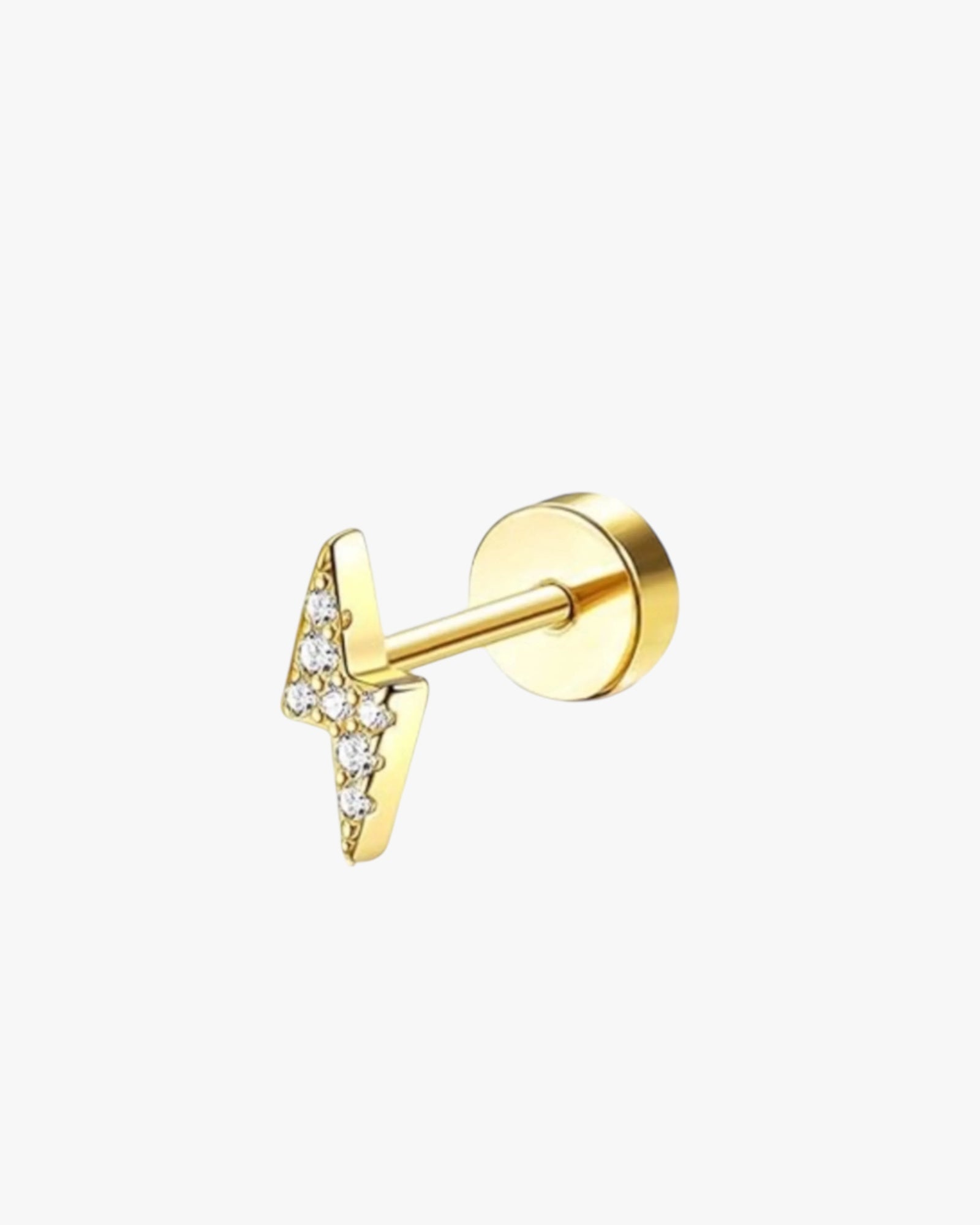 A single gold-colored stud earring with a clear, encrusted with diamonds, top and a textured surface.