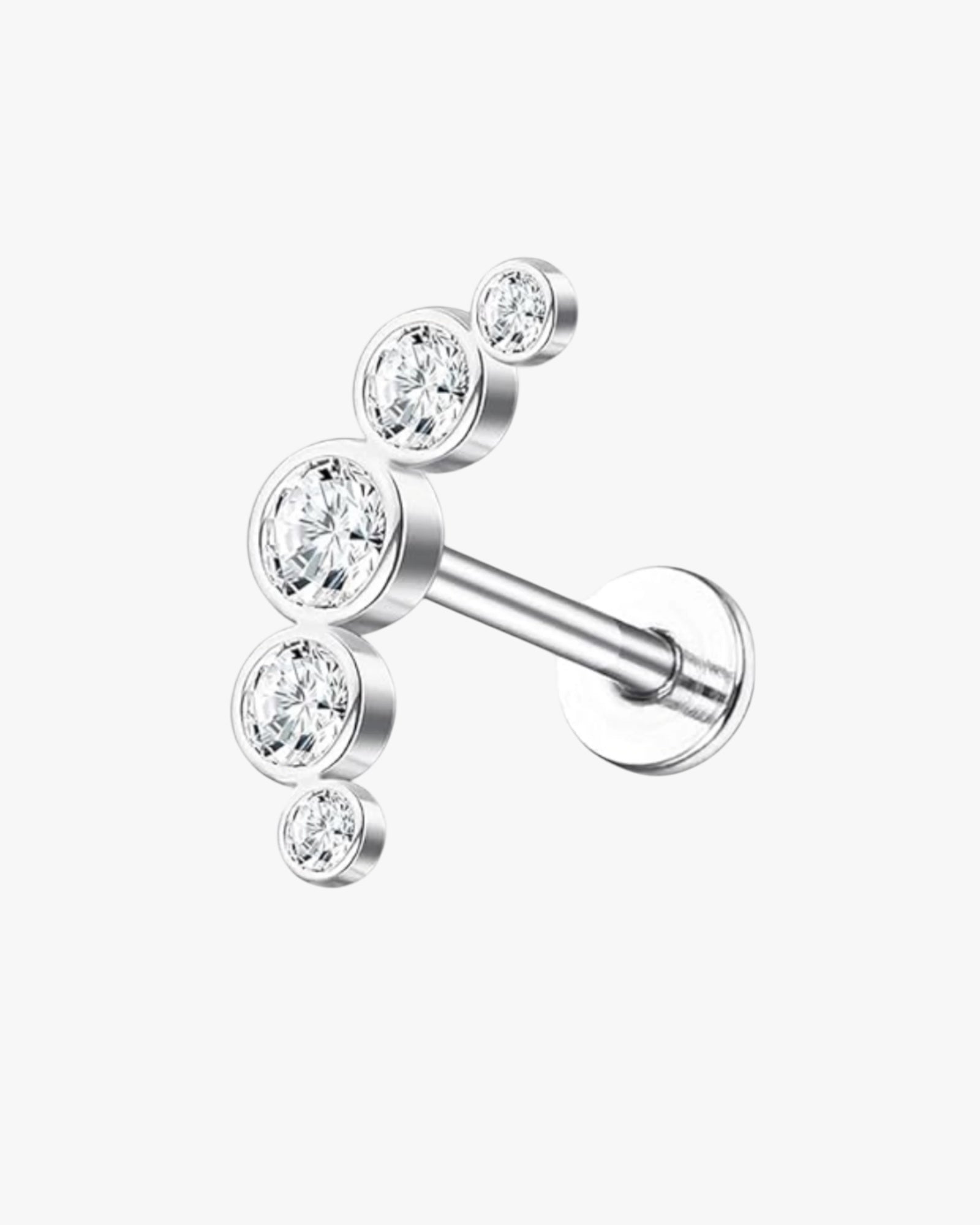 A single stud earring with a silver-colored mounting and adorned with clear crystals.